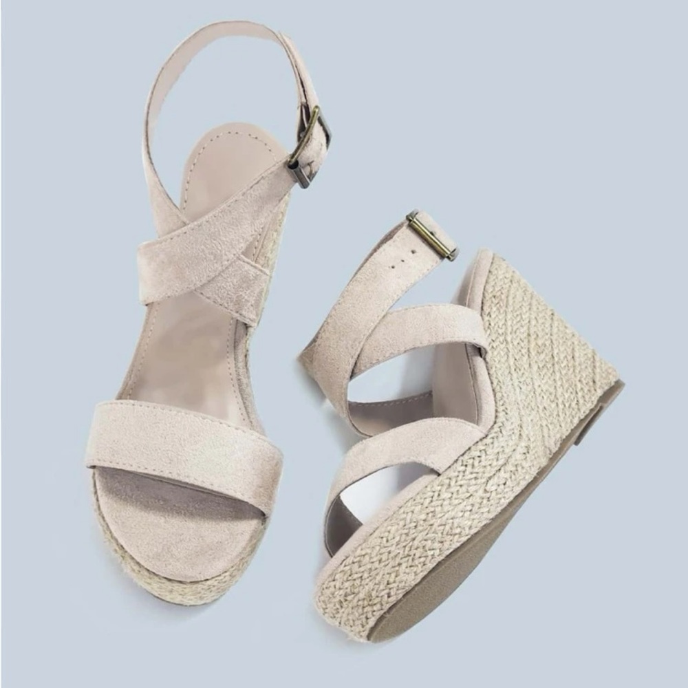 Suede cross strap wedges